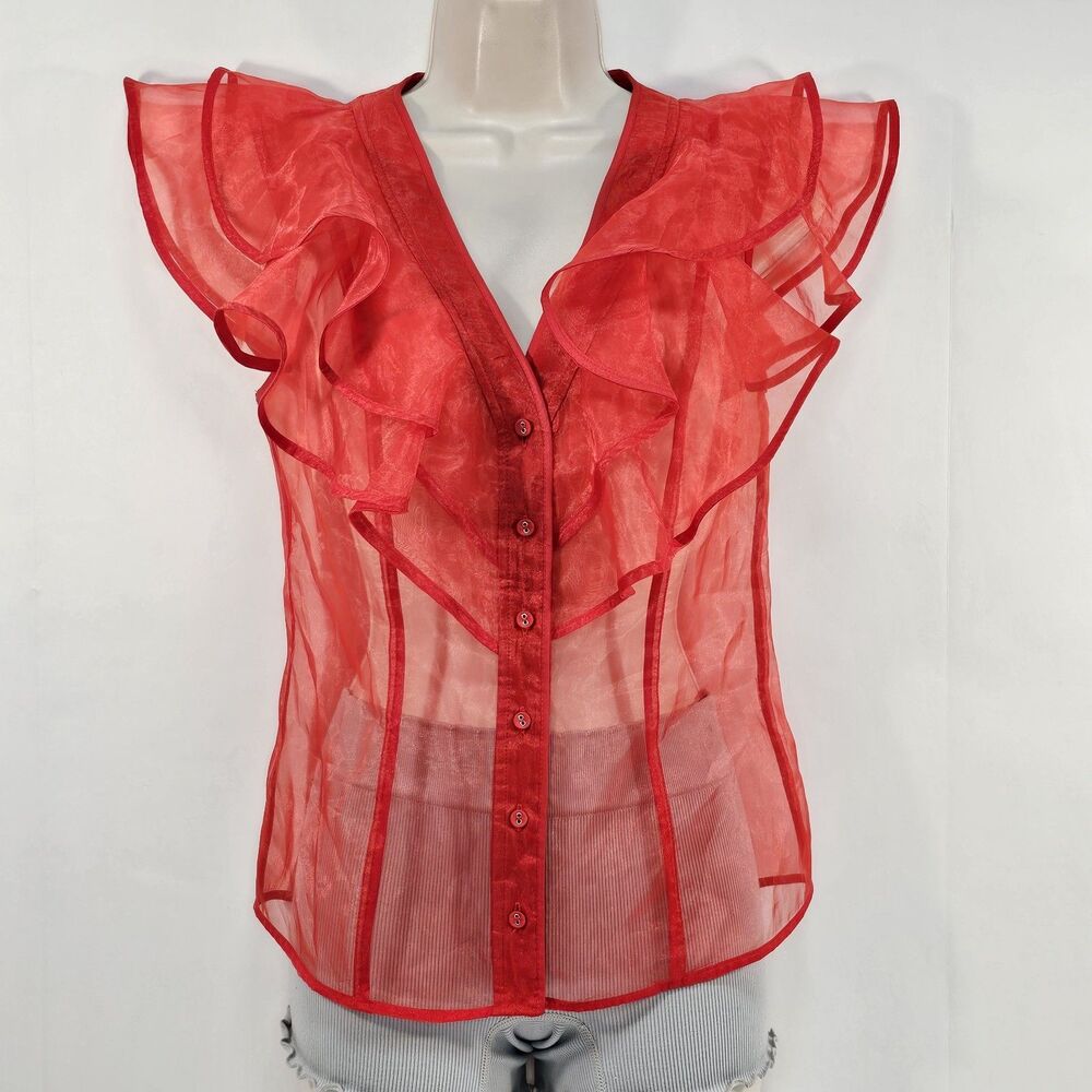 Karen Millen Red Sheer Organza Ruffle Blouse UK 8 US 4 EU 36 Button Front Top